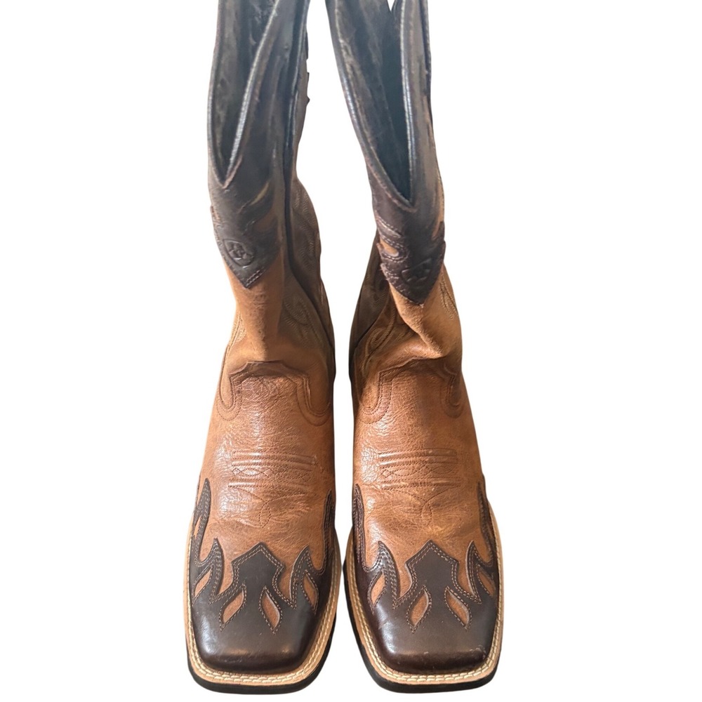 Ariat Brown Leather Square Toe Western Cowboy Boots Flame Overlay Stitching - Picture 2 of 9
